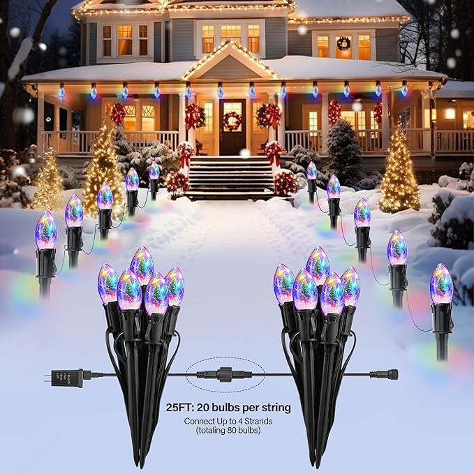 Upgraded 25FT C9 Christmas Pathway Lights Outdoor, 20 LED Bulbs with Stakes, Extendable Waterproof Christmas Lights for Walkway Driveway House Garden Decorations - Multicolor