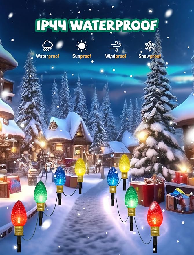 Jumbo C9 Christmas Pathway Lights Outdoor, 2 Pack 7FT Christmas Yard Decorations with 8 Jumbo C9 LED Strawberry Multicolor Bulbs Christmas Walkway Lights for Outside Holiday Lawn Garden Driveway Decor