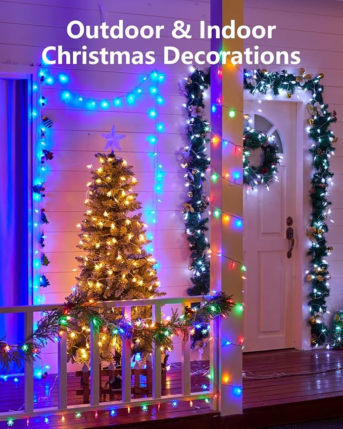 Brightown Solar Christmas Snowflake String Lights, 72FT 200 LED Outdoor Waterproof Fairy Lights with 8 Lighting Modes for Wedding, Party, Tree, Room, Garden, Patio, Yard, Home, Pure White