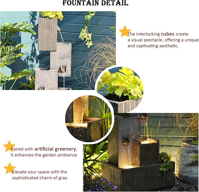 Tiered Water Fountain Outdoor Garden - Waterfall Patio Freestanding Cascade Fountains Concrete Artistry Modern Style with LED Lights for Yard Pool Home Decor, 41.5 inches Tall