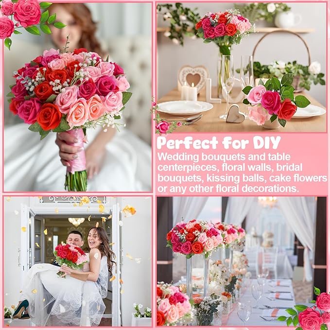 36 Pcs Mixed Pink Red Artificial Roses with Long Stems, Fake Silk Rose Artificial Flowers Bulk for Bridal Wedding Bouquet Centerpiece Ball Arrangement Party Decor