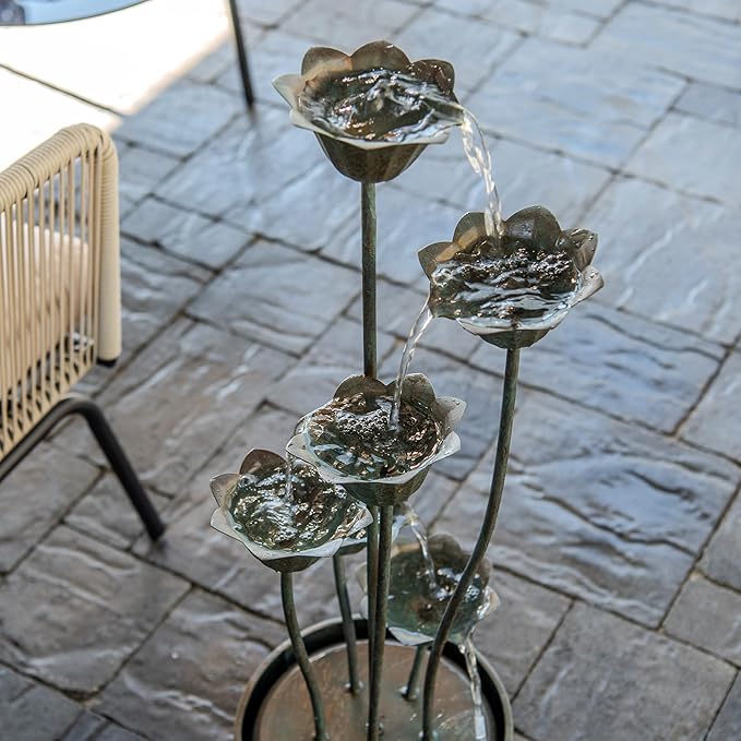 XBrand Sculptural Freestanding Metal Multi-Tiered Water Fountain w/Flowers, No LED Lights, Silver, 35" Tall