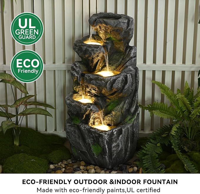 Water Fountain Outdoor 31.59" H Cascading Rock 5-Tier with LED Lights Waterfall for Garden, Landscaping, Patio, Backyard, Balconies, Lawns, Porch and Home Art Decor Living Space