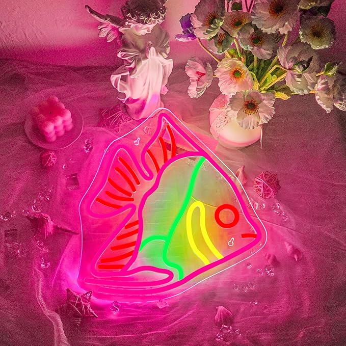 Fish Neon Sign Colorful Fat Headed Fish Neon Light Dimmable LED Neon Light for Wall Decor USB Powered Animal Light Up Sign for Bedroom Ocean Museum Boys And Girls Gifts