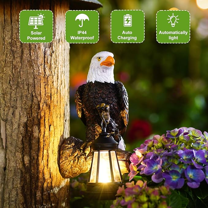 Eagle Tree Hugger with Solar Lantern - 8 Inch Resin Eagle Statue for Outdoor Garden Decor - Ideal Eagle Housewarming & Birthday Gifts for Grandma Mom Women