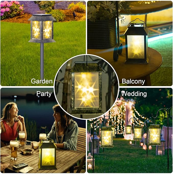 Solar Lanterns Outdoor Waterproof, 3D Hanging Solar Lights, Type-C Rechargeable LED Solar Pathway Lights with 2 Modes (Steady & Flashing), for Garden Decor, Patio, Yard, Camping (1 Pack )