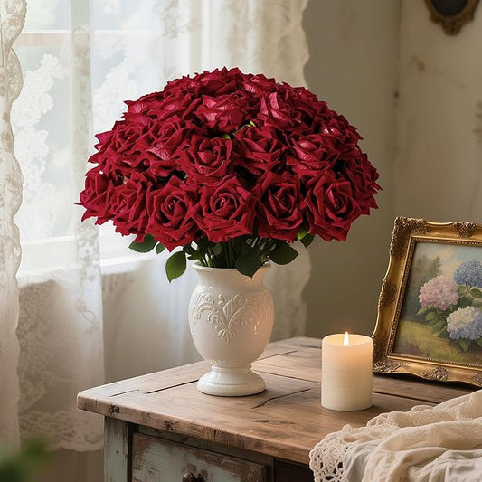 Fake Roses Faux Flowers Silk Roses Artificial Roses with Stems Realistic Artificial Flowers Suitable for Indoor Home Decoration DIY Bouquet Wedding Decor Party Decor 16.5In (Red, 36PCS)