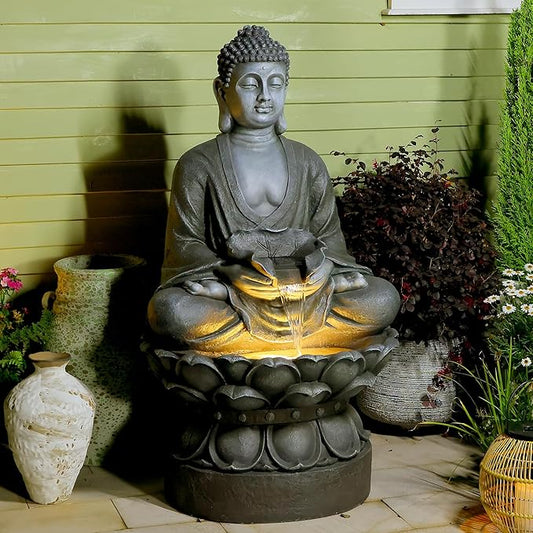 Buddha Water Fountain Outdoor Large Sitting Lotus Base Waterfall Fountains Zen Water Feature Indoor with LED Light for Garden Patio Backyard Deck Lawn Porch Balcony Home 45 inches Gray