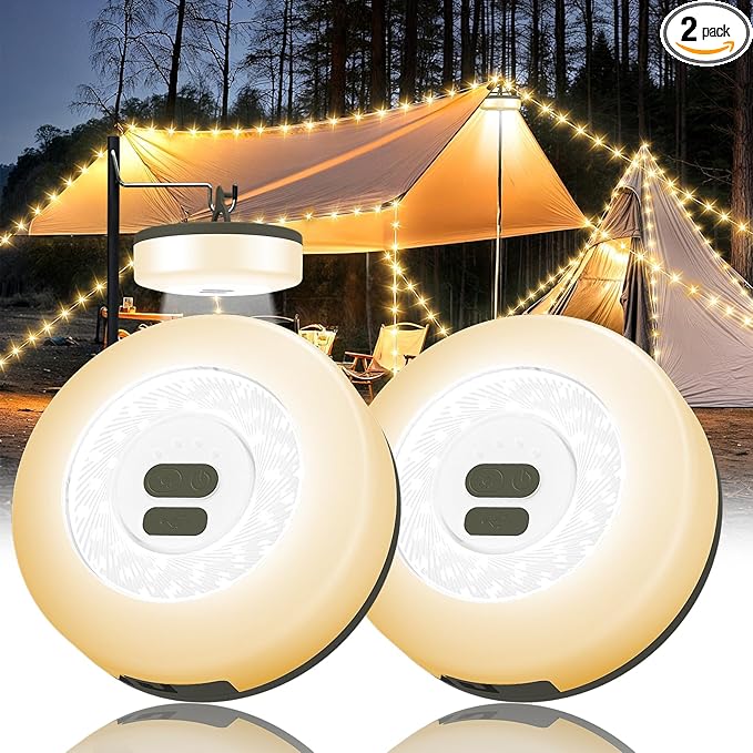 Camping String Lights, 4 in 1 Quick Storage 32.8FT Rechargeable Tent Lights with 6 Modes Hanging Waterproof Camp Lamp Camping Essentials for AwnTent Hiking Garden Bedroom Festival (Warm White)-2Pack
