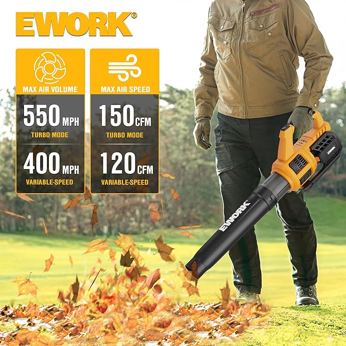 EWORK 21V Cordless Leaf Blower, Powerful Turbo Mode & 550 CFM, 2×3.0Ah Batteries & Fast Charger, Lightweight Electric Leaf Blowers for Lawn Care, Patio, Leaves & Dust