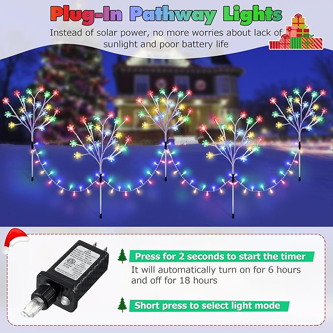 Enhon 5 Pack Snowflake Christmas Pathway Lights, 180 LED Garden Stake Lights with 8 Light Modes and Timer Function, Waterproof Xmas Decoration Tree Light for Outdoor Yard Lawn Patio Decor(Multicolor)