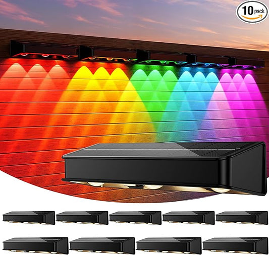 Solar Fence Lights 10 Pack, Outdoor Fence Light with 11 Modes RGB Color Glow LED Solar Lights, IP65 Outdoor Waterproof Wall Light, for Patio/Backyard/Deck/Fence/Railing