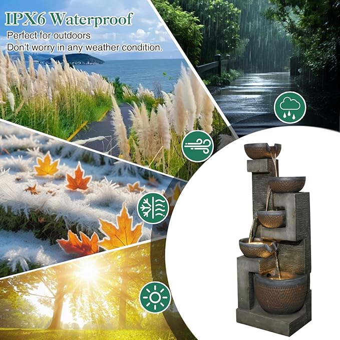 50" H Large Garden Fountains Outdoor, 5-Tier Cascading Rustic Style Bowl Water Fountain and Waterfall Feature with Light and Pump for Garden, Patio, Deck, Porch, Home Décor, Gray&Brown