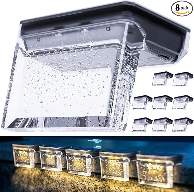 Solar Deck Lights 8 Pack, Solar Step Lights IP65 Waterproof Solar Powered Outdoor Led Lights for Fence Railing Wall Pool Stair Yard Garden Patio Pool Decorations (Warm White)