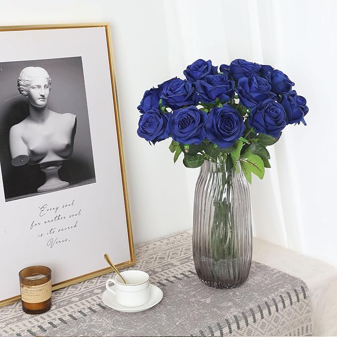 Blue Fake Roses Artificial Flowers - 16 Pcs Fake Artificial Roses Silk Flowers with Stems for Home Wedding Hotel Office Centerpiece Decor（Navy Blue）
