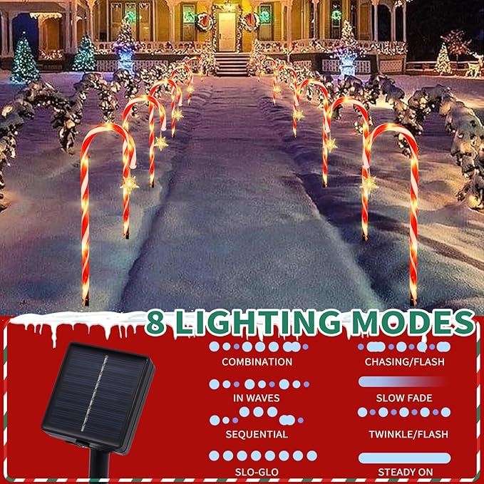 22" Candy Cane Lights Outdoor Pathway 2PK 12 PCS Candy Cane Christmas Decorations 8 Modes Solar Candy Cane Lights with Star Total 15FT Christmas Pathway Lights Outdoor for Xmas Yard Garden Walkway