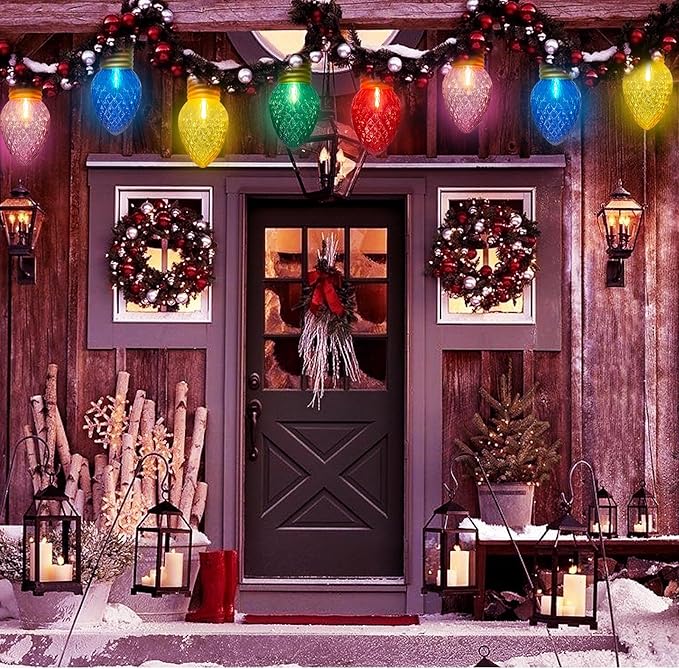 Outdoor Christmas Decorations Lights, 16Ft Jumbo Xmas String Lights with 10 5'' LED Large Multicolor Strawberry Bulb Christmas Roof Hanging Light for Outdoor Patio Eave Xmas Tree Garden Holiday Decor