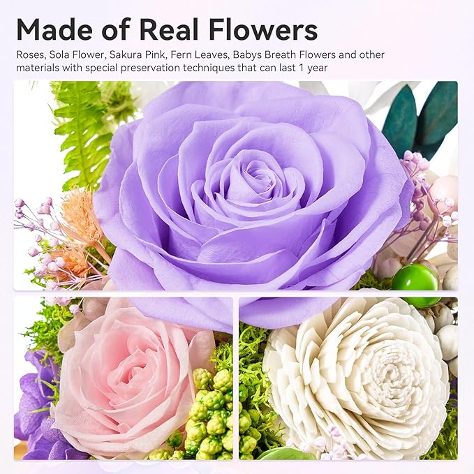 Preserved Flowers Rose Birthday Gifts for Women, Forever Flowers in Glass Ball, Long-Lasting for Mom Her Wife Grandma Anniversary Valentines (Light Purple)