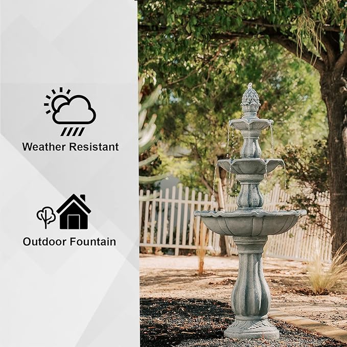 XBrand 3-Tier Freestanding Waterfall Fountain w/Pump & Pineapple Top, 51 Inch Tall, Grey, Large Outdoor Garden Fountain, Ideal for Garden, Porch, and Lawn