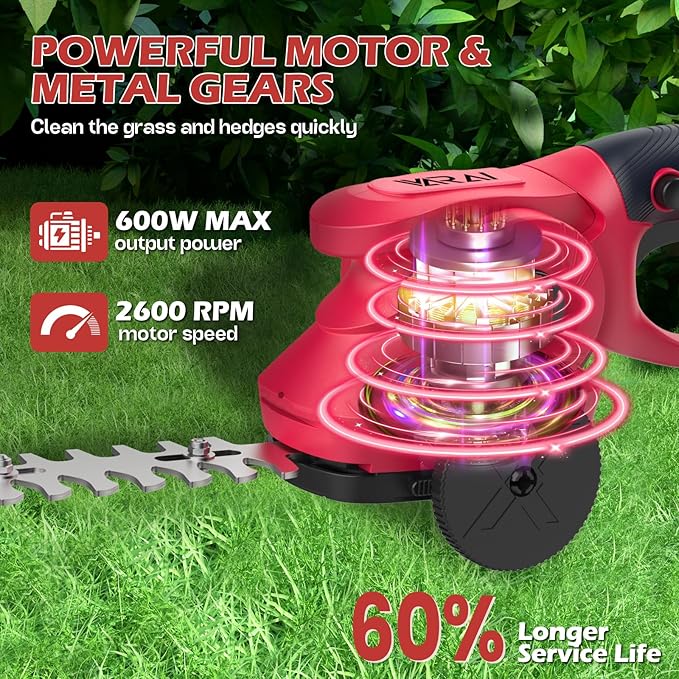 Cordless Hedge Trimmer, 2-in-1 Hedge Trimmer, Ultra Long Battery Life with Battery*2, high-Power and high-Capacity Grass Trimmer for Gardens, Yards and lawns, Including Charger
