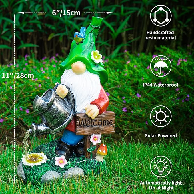 mopha Garden Gnomes Statues Outdoor Decor with Watering Can Solar Lights Resin Figurines Outside Decoration for Patio Yard Lawn Porch Ornaments Clearance Gardening Gift