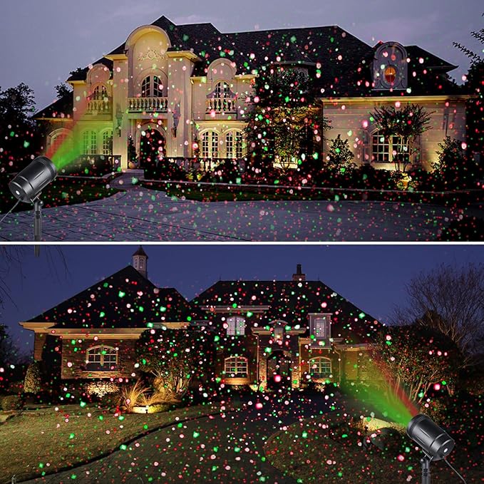 Outdoor Garden Laser Light Projector, Christmas Laser Lights with Red and Green Star Show, Waterproof Holiday Laser Light Landscape Spotlight, Suitable for Outdoor Garden, Home, Decoration, Party