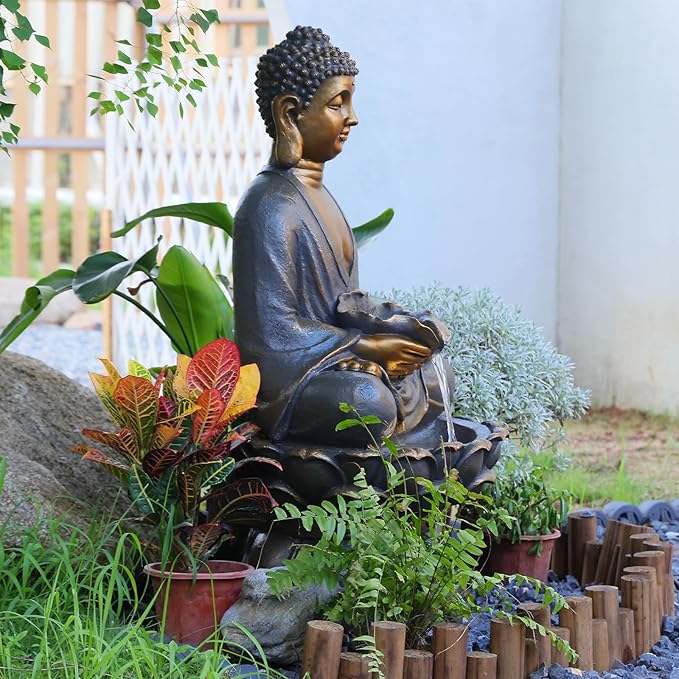 Buddha Water Fountain Outdoor Large Sitting Lotus Base Waterfall Fountains Zen Water Feature Indoor with LED Light for Garden Patio Backyard Deck Lawn Porch Balcony Home 45 inches Gold