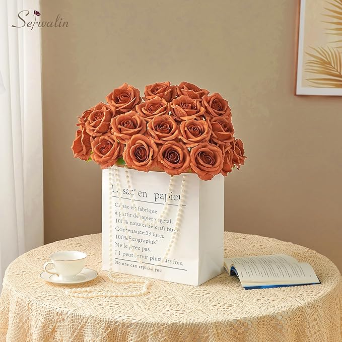 Serwalin 20pcs Artificial Burnt Orange Roses, 4'' Big Flower Head Fake Roses, Velvet Real Touch Roses, Silk Roses Long Stems for Home Decor Wedding Bouquet and Table Centerpiece