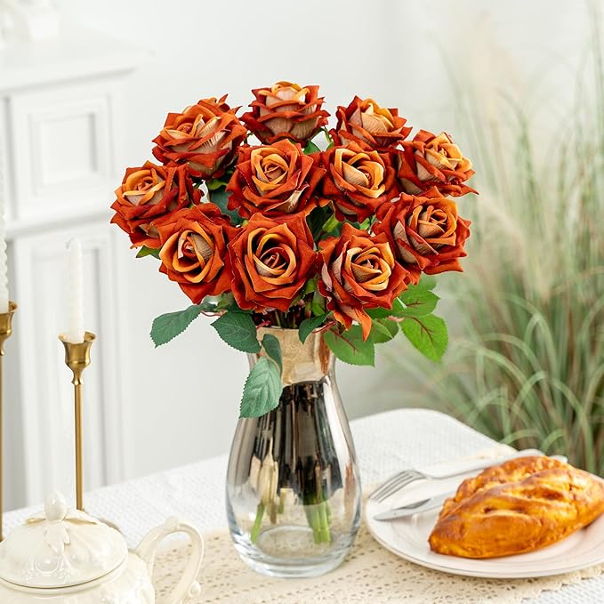 Fake Roses Faux Flowers Silk Roses Artificial Roses with Stems Realistic Artificial Flowers 16.5In Suitable for Indoor Home Decoration DIY Bouquet Wedding Decor Party Decor (Orange) 12PCS