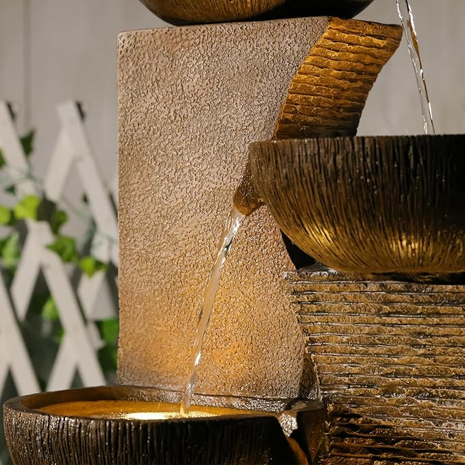 51.4" H Large Water Fountain Outdoor&Indoor, 5-Tiers Cascading Modern Feature Crocks Garden Fountains and Waterfalls with Warm Lights for Porch, Deck, Patio, Home Décor (Brown)