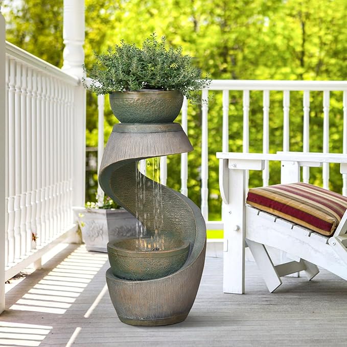 31.9" S-Shaped Water Outdoor Fountain–Modern Cascading Waterfall Feature with LED Lights & Planter Bowl, Garden Fountains Outdoor for Patio, Balcony, Yard or Home Decor, Resin Waterfall, Gold