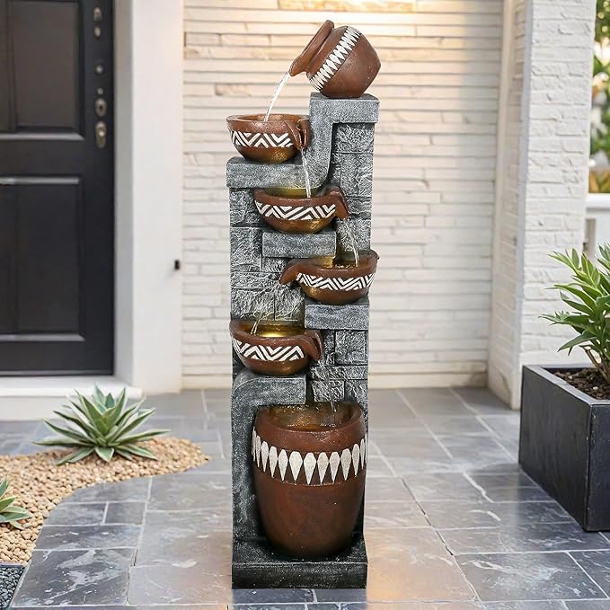 56.6in High Outdoor Indoor Water Fountain, 6-Tiered Poly-Resin Waterfall Fountain with LED Lights, Decorative Floor Standing Fountain for Garden, Patio, Yard, Home Decor