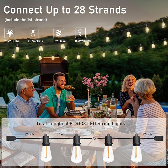 GOOTHY LED Outdoor String Lights 50Ft Outdoor Patio Lights with 27 Shatterproof ST38 Vintage Edison Bulbs, Commercial Grade Decorations Light Weatherproof for Backyard Porch Garden Wedding