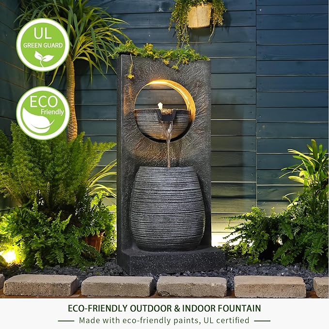 Water Fountain Outdoor Indoor - Modern Waterfall Garden Freestanding Fountain Curved Surface Artistry Design with LED Lights and Light Strip for Home Decor Patio Yard Pool,37.4 inches Tall