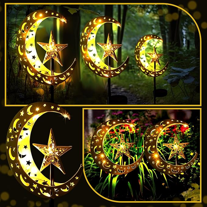 2 Pcs Ramadan Solar Lights Ramadan Decorations Outdoor Mubarak Star Moon Solar Stakes Lights Waterproof for Eid Decorations Outdoor Garden Walkway Lawn Patio Yard(Star)