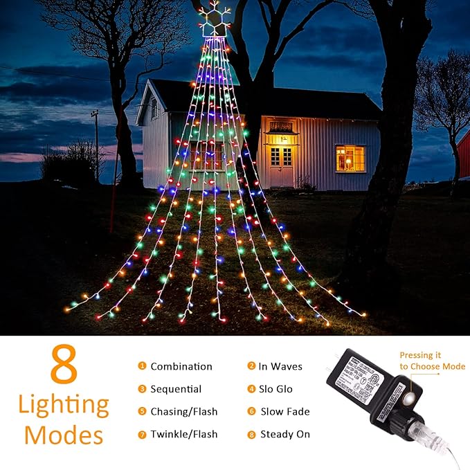 Outdoor Christmas Decorations String Lights, 320 LED 11.5 Ft Waterfall Tree Lights with Snowflake Topper 8 Lighting Modes Christmas Lights for Indoor Outdoor Yard Home Festival Xmas New Year Decor
