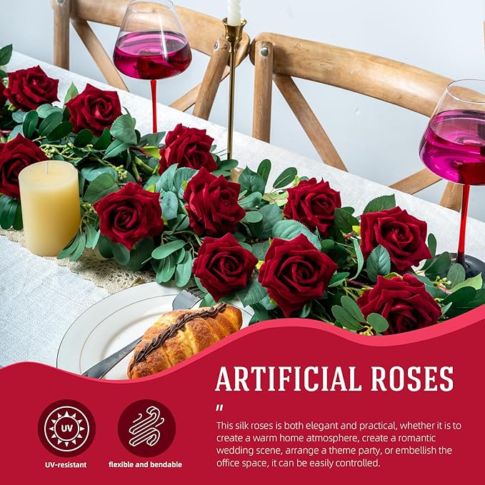 Fake Roses Faux Flowers Silk Roses Artificial Roses with Stems Realistic Artificial Flowers Suitable for Indoor Home Decoration DIY Bouquet Wedding Decor Party Decor 16.5In (12PCS, Red)