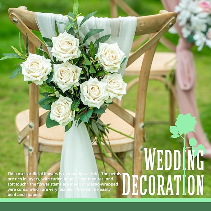 Fake Roses Faux Flowers 12PCS Silk Roses Artificial Roses with Stems Realistic Artificial Flowers Suitable for Indoor Home Decoration DIY Bouquet Wedding Decor Party Decor 16.5In (White)