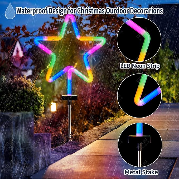 BlcTec Christmas Decorations Outdoor, 4PCS Neon Christmas Star String Lights with Stainless Steel Stakes, Waterproof Star Christmas Lights for Garden, Patio, Yard, Lawn, Pathway Xmas Décor, Multicolor
