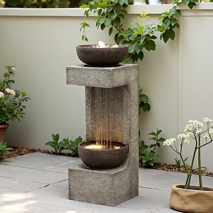 33.9" Waterfall Fountain Outdoor with LED Lights – Modern Rain Curtain Resin Garden Waterfall and Fountains, Bowl Design Outdoor Water Feature for Patio, Porch, Backyard, Lawn & Home Decor