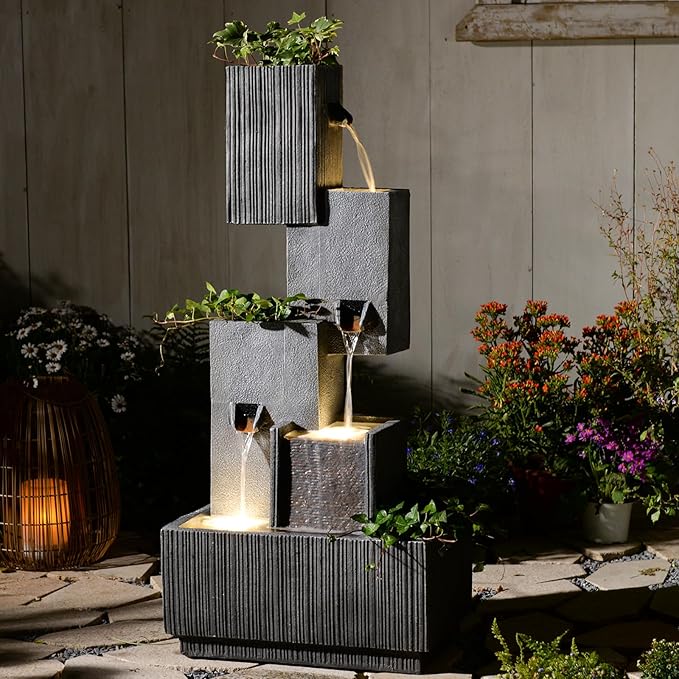 42" H Outdoor Water Fountain Garden Waterfalls - Large Water Feature Geometric Stacking Waterfall Fountains Planter with Lights for Patio Backyard Deck Porch Deck and Home Decor, Gray