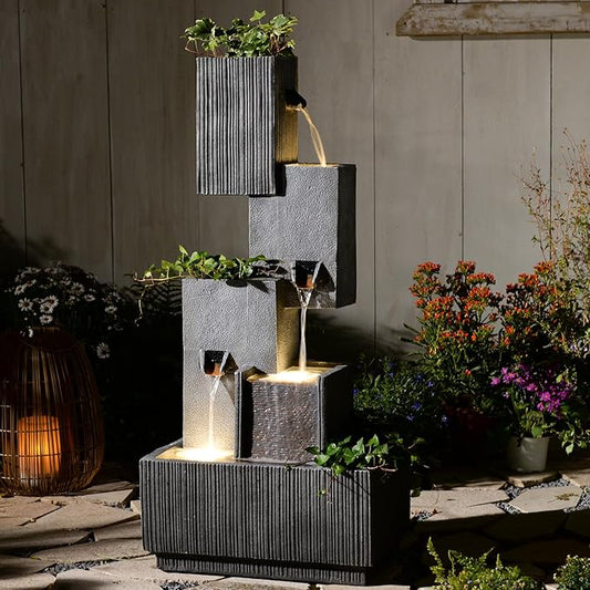 42" H Outdoor Water Fountain Garden Waterfalls - Large Water Feature Geometric Stacking Waterfall Fountains Planter with Lights for Patio Backyard Deck Porch Deck and Home Decor, Gray