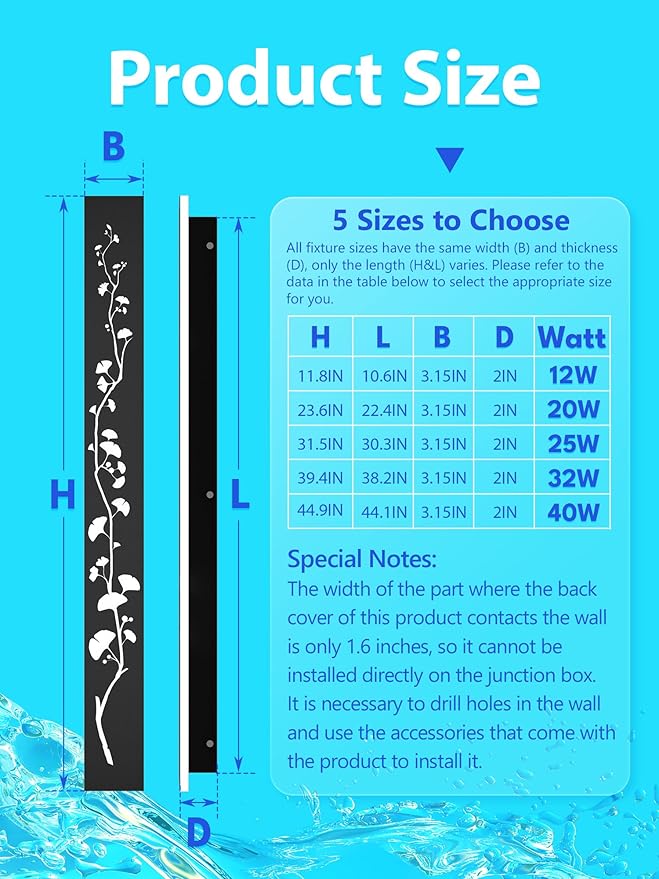 Modern Outdoor Wall Lights 23.6inch LED Long Wall Sconce 3000K Ginkgo Hollow Design Wall Mount Porch Lights 20W Exterior Lighting Fixtures for Patio Balcony Terrace Garden