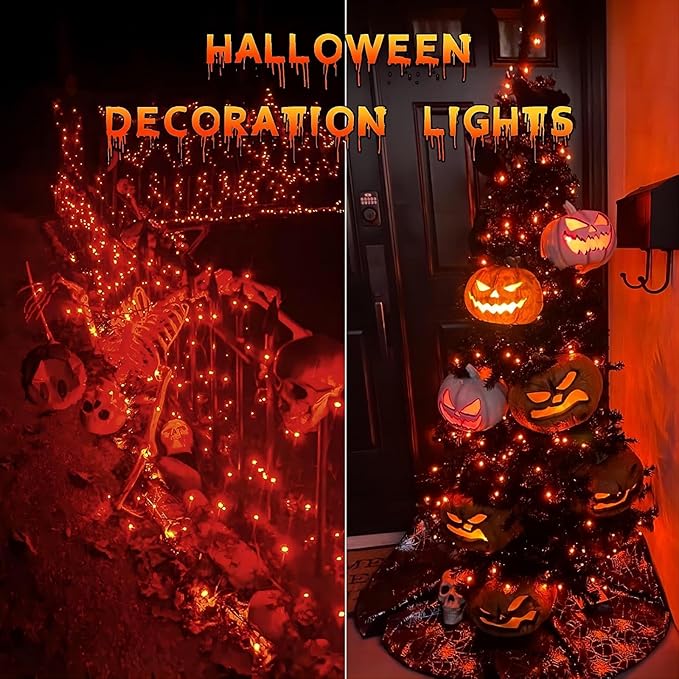 YEGUO 4 Pack Orange Solar Halloween Lights Outdoor Waterproof, Each 33ft 100 LED Solar Fairy Lights, 8 Modes Solar String Lights