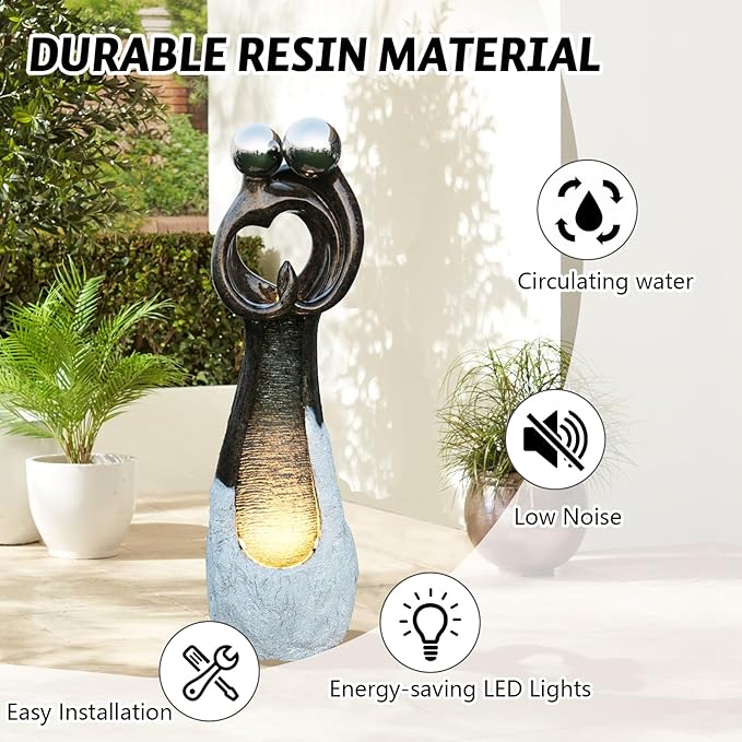 Couple Standing Fountains 45 Inch Graceful Hugging Water Fountain Design Indoor Zen Waterfall Fountain with LED Lights Perfect for Gardens, Indoor Decor Ideal for Couples and Home Decor Lovers