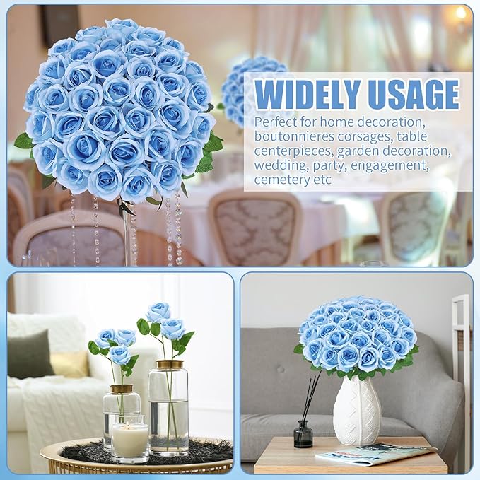 36 Pcs Sky Blue Artificial Roses with Long Stems, Blue Fake Silk Rose Artificial Flowers Bulk for Bridal Wedding Bouquet Centerpiece Ball Arrangement Party Decor