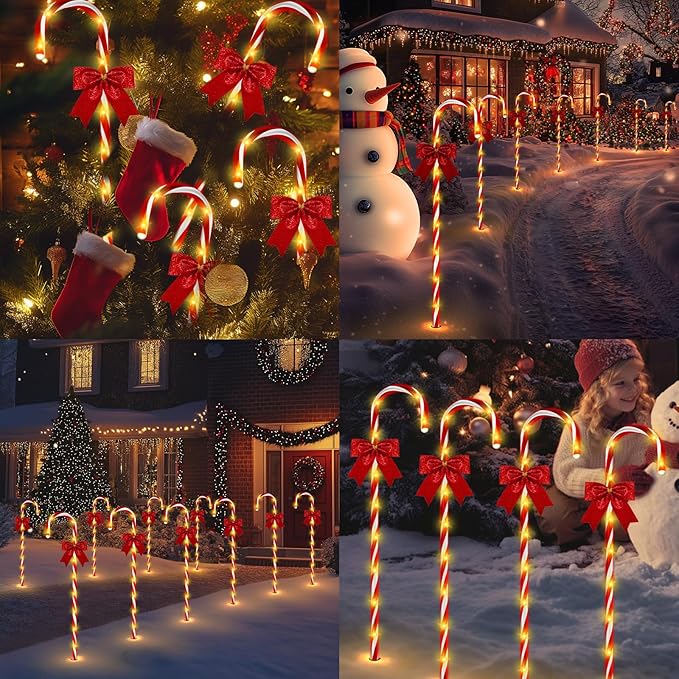 Christmas Candy Cane Pathway Lights, 12PCS 120 LED Christmas Lights Outdoor Decorations with Red Bow Waterproof, 8 Modes Timer Remote Christmas Walkway Lights for Xmas Home Yard Lawn Patio Decor