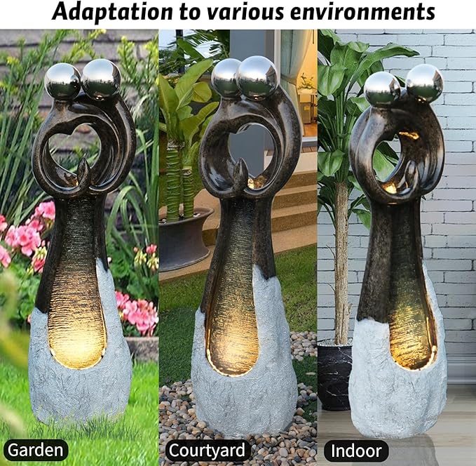 Couple Standing Fountains 45 Inch Graceful Hugging Water Fountain Design Indoor Zen Waterfall Fountain with LED Lights Perfect for Gardens, Indoor Decor Ideal for Couples and Home Decor Lovers