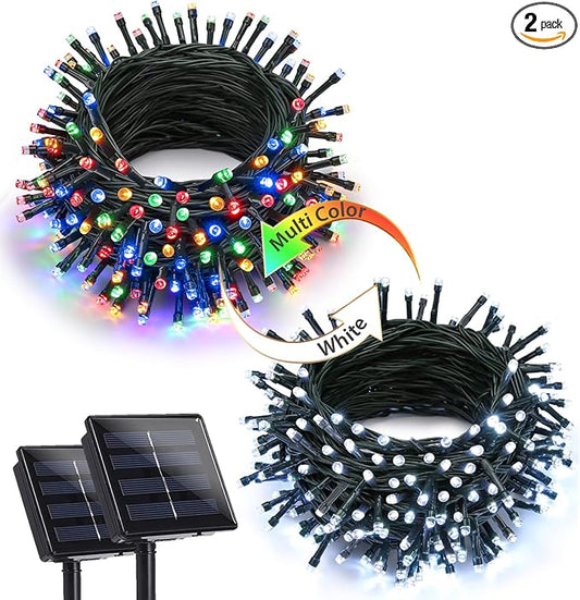 Joomer Color Change Christmas Lights 72ft x 2 Pack 200 LED 11 Modes Solar String Lights Waterproof Twinkle Fairy Lights for Garden, Patio, Fence, Balcony, Outdoors (White to Multicolor)