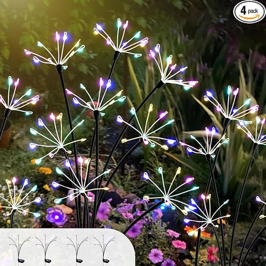 Solar Garden Lights 4 Pack, 240LED Flickering Firework Lights with 2 Light Modes, Waterproof Solar Lights for Pathway Yard Outdoor Garden Decor, Flower Lights for Women Mother’s Day, Multiple Colors